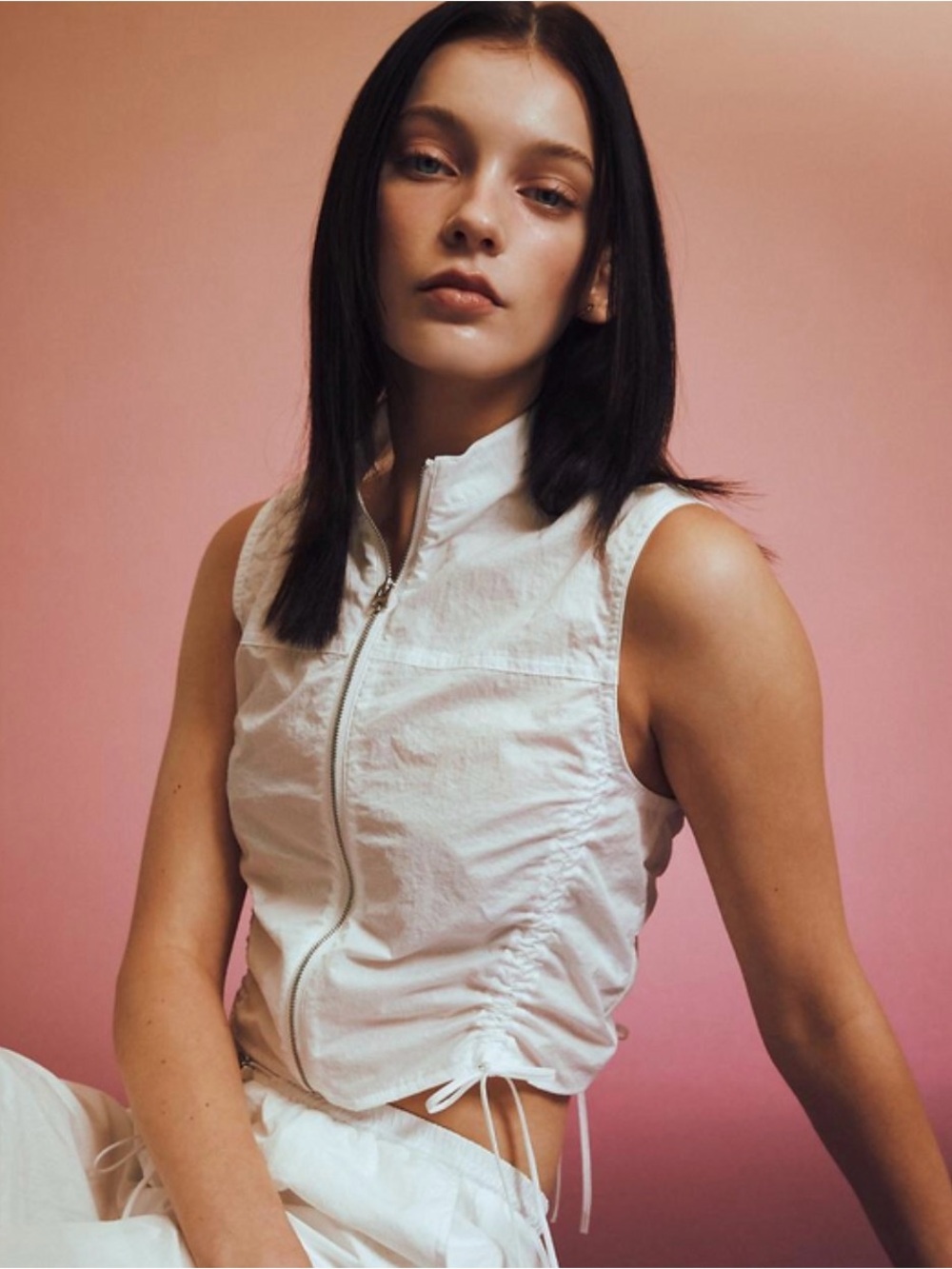 Sleeveless White Zip-Front Crop Top
